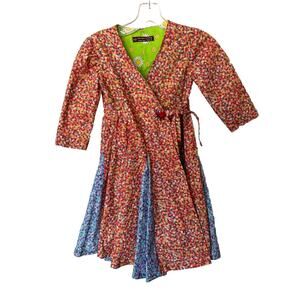 Girl Wrap Dress Size 6 USA Cotton By Mhysa Vintage Handmade Multicolor Flowers